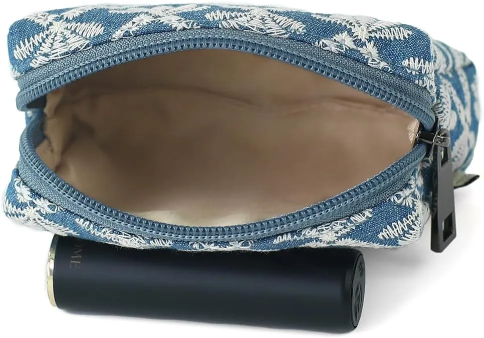 Cute Denim Makeup Bag with Embroidery - Portable Cosmetic Pouch for Women, Small Zipper Toiletry Bag, Skincare Case, Makeup Organizer, Cotton Purse, Perfect for Storage or as a Coin Purse