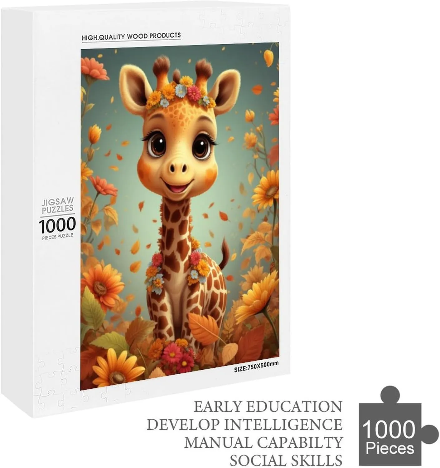 Cute Giraffe Fall Flower Cartoon Fantasy Jigsaw Puzzles for Adults 1000 Pieces Home Decor Birthday Party Gift Toy for Kids Boys Girls Seniors Gift for Women Men 29.5x19.7 Inch