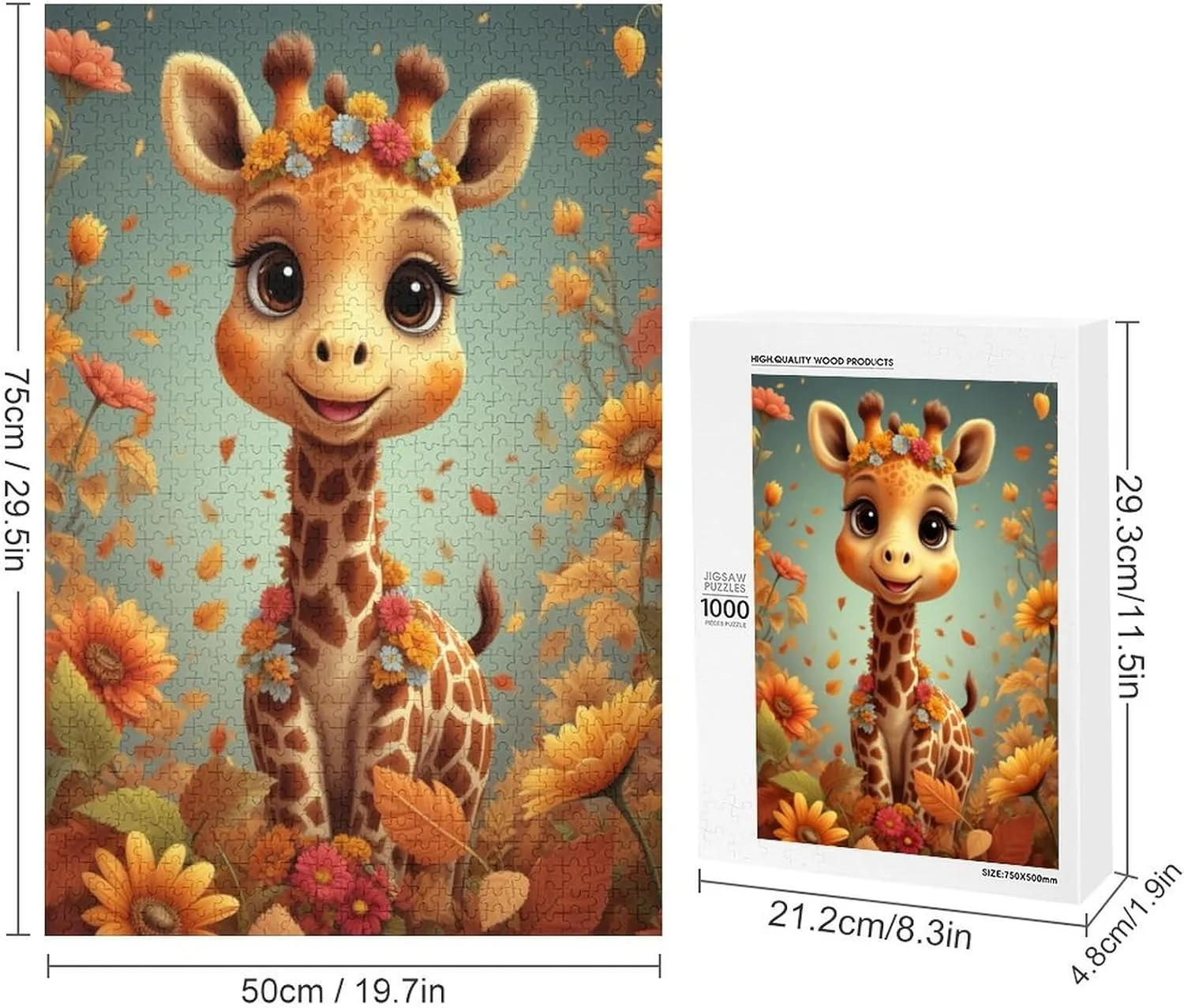 Cute Giraffe Fall Flower Cartoon Fantasy Jigsaw Puzzles for Adults 1000 Pieces Home Decor Birthday Party Gift Toy for Kids Boys Girls Seniors Gift for Women Men 29.5x19.7 Inch