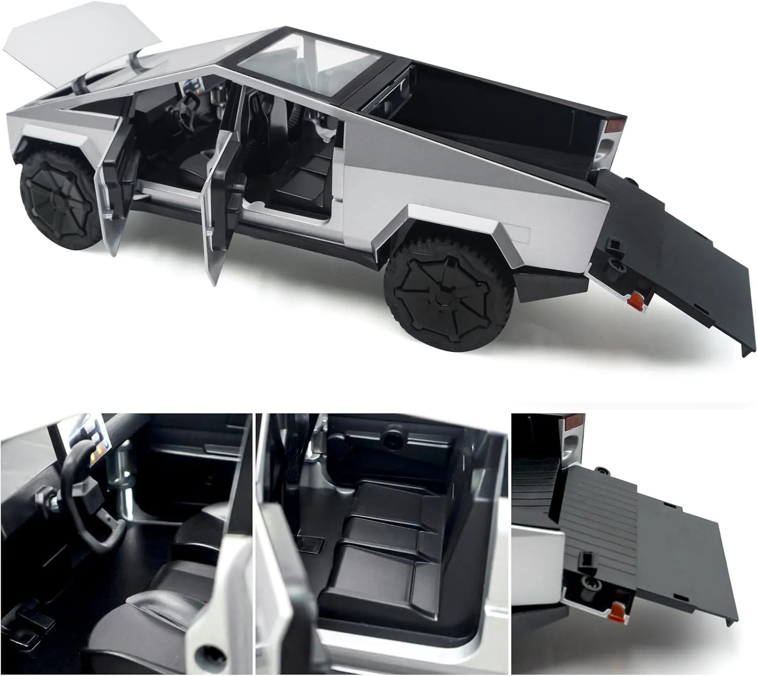 Cybertruck Model: 1/24 Diecast Metal Toy Trucks with Lights and Sounds, Mini Vehicles Toys for Boys, Ages 3 and Up (Silver)