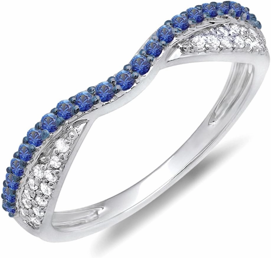 Dazzlingrock Collection 14K Solid Gold Round Blue Sapphire & White Diamond Womens Wedding Band Stackable Ring