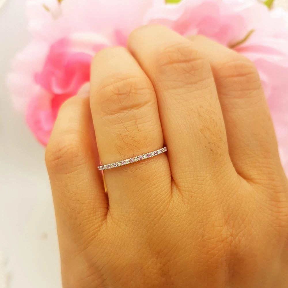 Dazzlingrock Collection Round Pink Sapphire & White Diamond Womens Dainty Anniversary Wedding Stackable Ring, 10K Solid White Gold