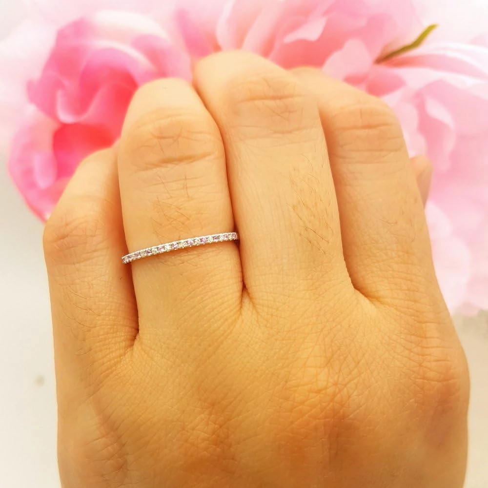 Dazzlingrock Collection Round Pink Sapphire & White Diamond Womens Dainty Anniversary Wedding Stackable Ring, 10K Solid White Gold