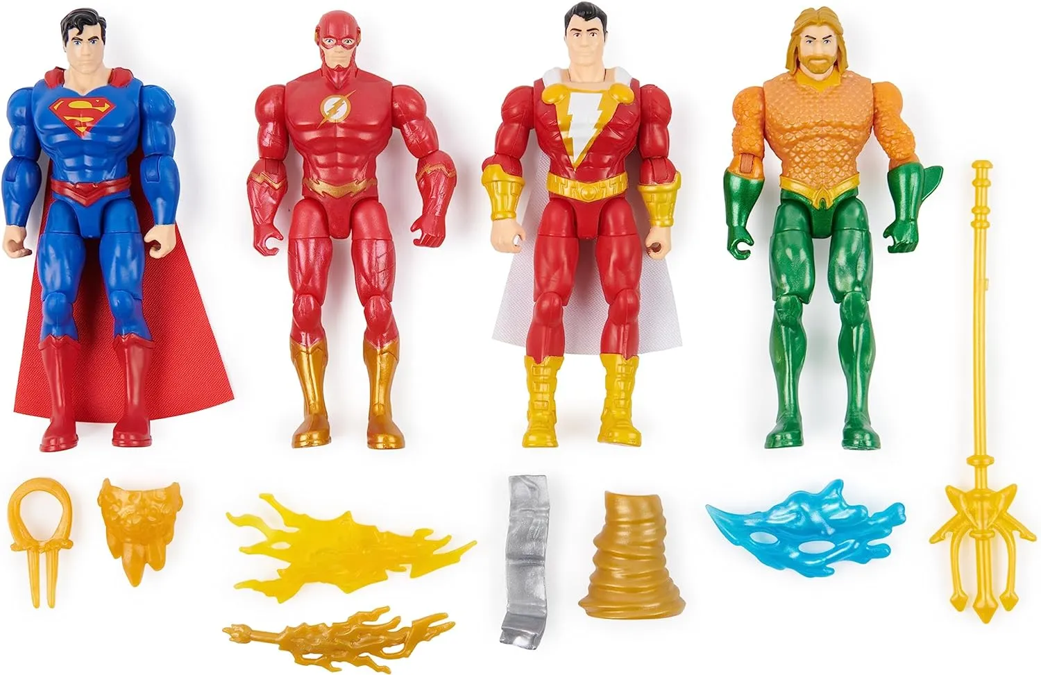 DC Comics, Action Figures 4-Pack, Superman, The Flash, Shazam!, Aquaman 4-inch Figures, Accessories, Superhero Kids Toys for Boys and Girls, Ages 3 