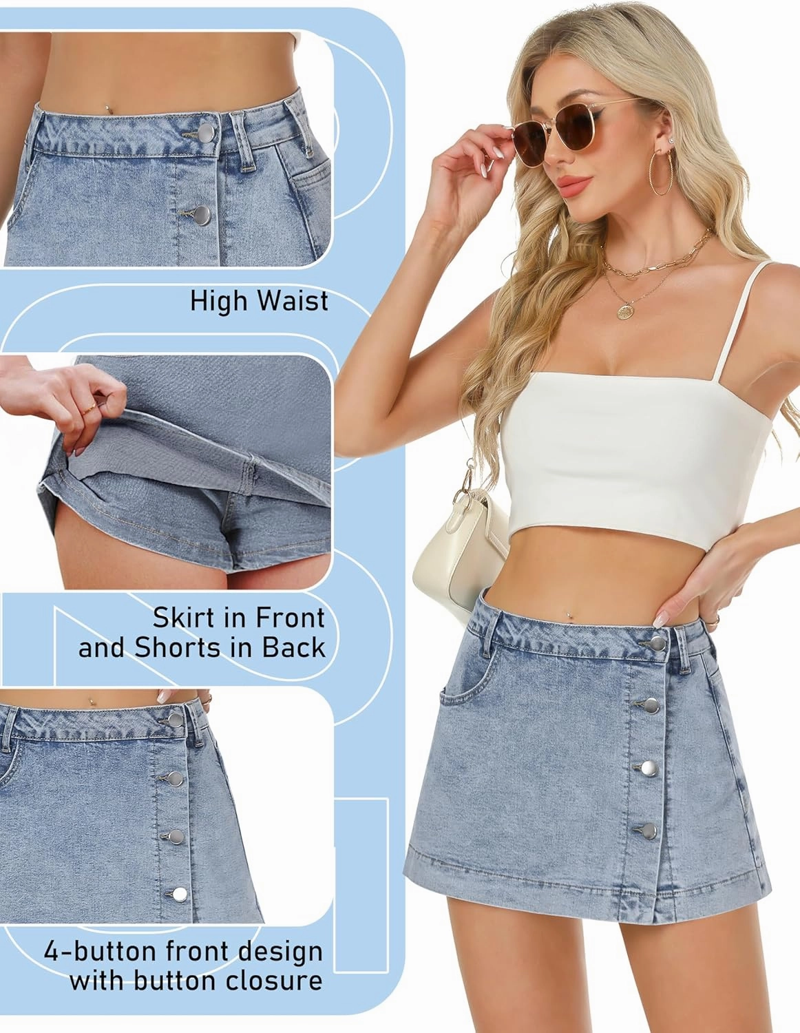 Denim Skort for Women Trendy Slit Mini Denim Skirt Casual Stretchy Jean Skirt with Shorts Summer Short Skirt