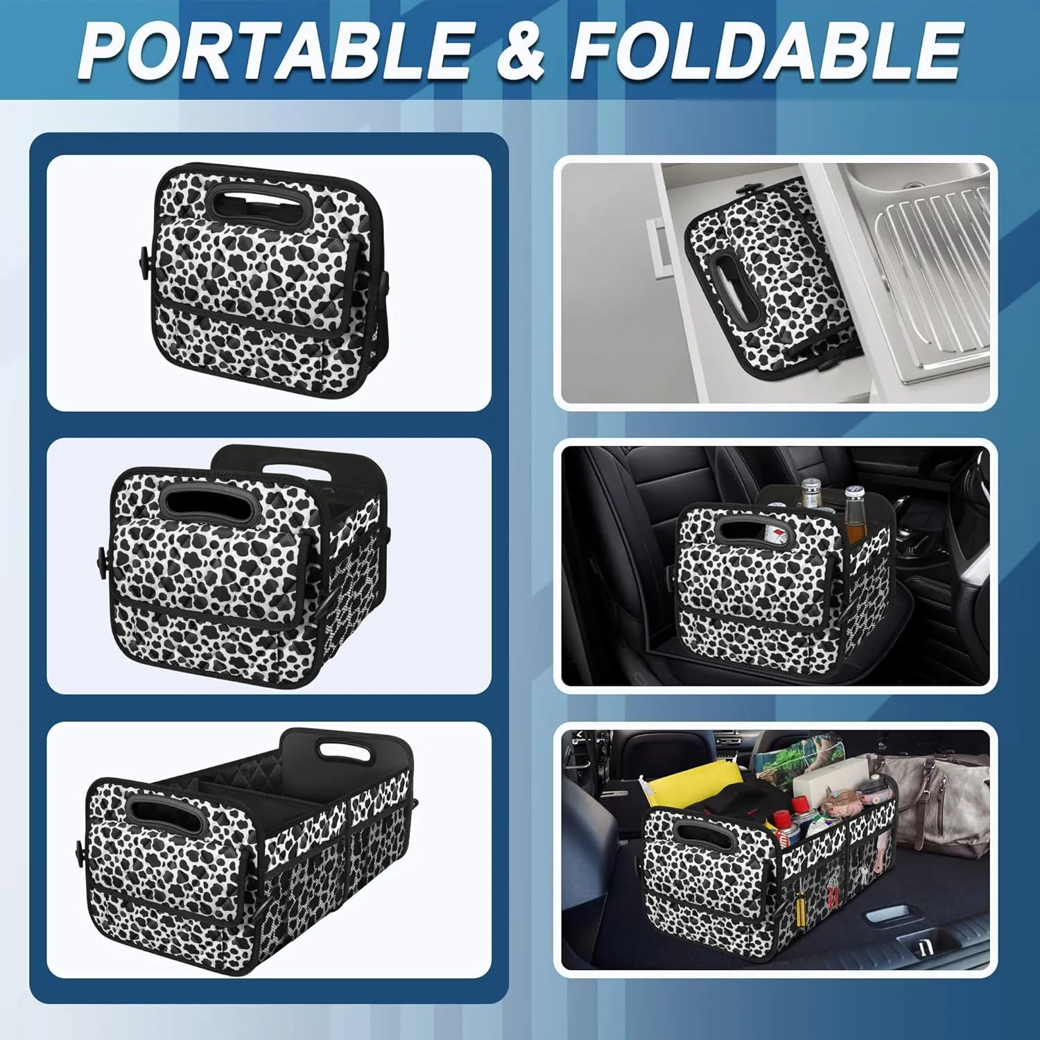Deosk Car Organizer for SUV - 6 Big Pocket Trunk Storage With Waterproof Polyester, Car Accessories for Women/Men, Cow Print (Medium)