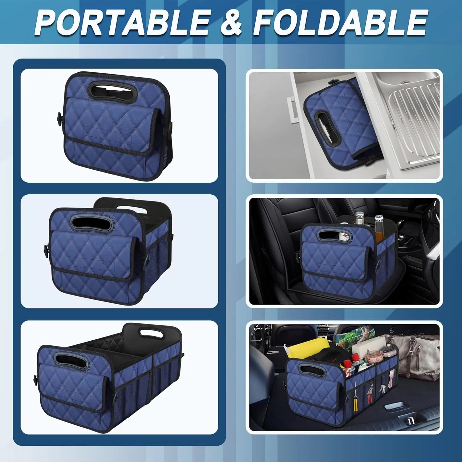Deosk Car Trunk Organzier for suv,Car Organziers and Storage with 6 Big Pocket,Car Accessories for Women/Men 50L Waterproof Polyester Trunk Organzier for Car/SUV/Minivan/Truck(Medium, Dark Blue)