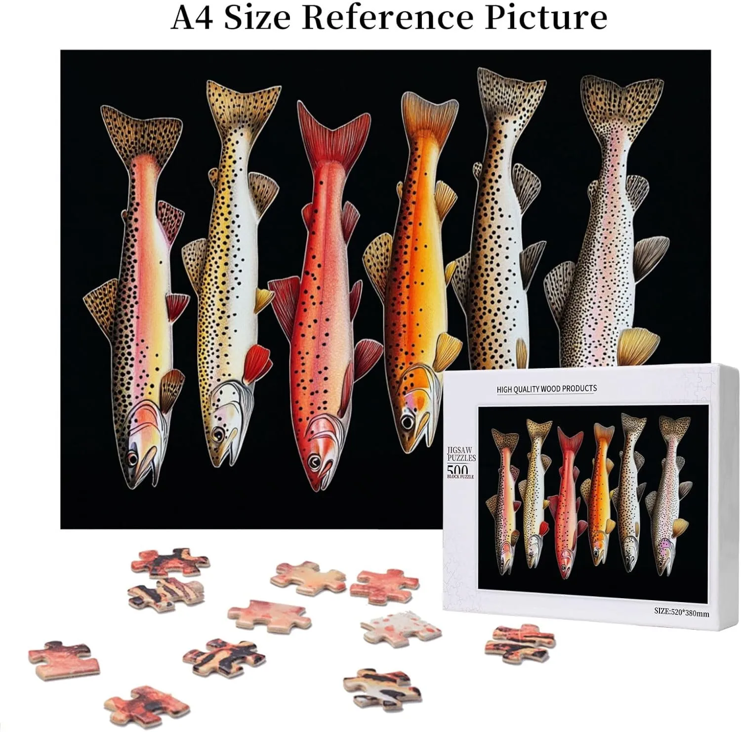 Different Varieties of Fish, Puzzles for Adults 500 Pieces, Retro Style Brainstorming Game, Stress Reliever for Parties, Impossible Brain Challenge for Fishing Enthusiasts