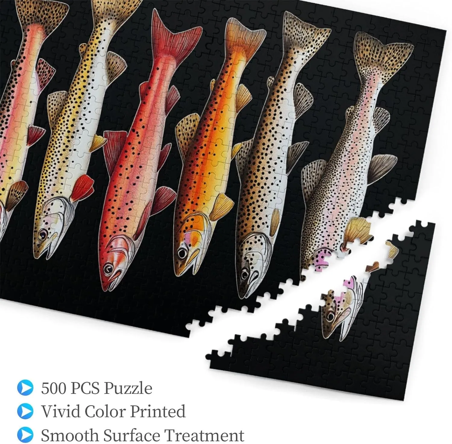 Different Varieties of Fish, Puzzles for Adults 500 Pieces, Retro Style Brainstorming Game, Stress Reliever for Parties, Impossible Brain Challenge for Fishing Enthusiasts