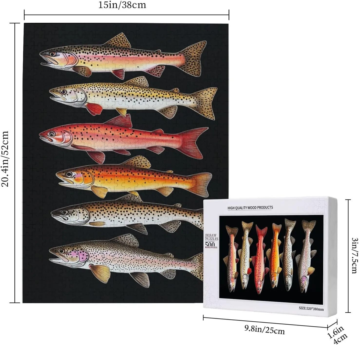 Different Varieties of Fish, Puzzles for Adults 500 Pieces, Retro Style Brainstorming Game, Stress Reliever for Parties, Impossible Brain Challenge for Fishing Enthusiasts