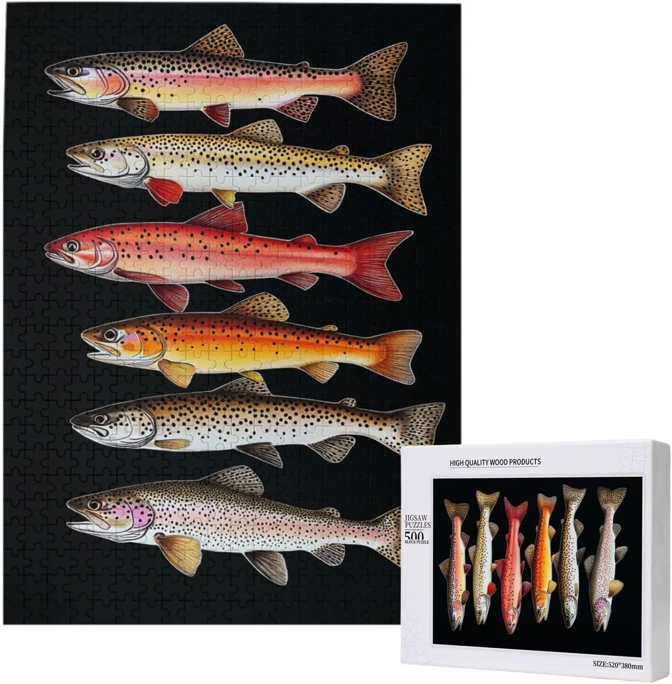 Different Varieties of Fish, Puzzles for Adults 500 Pieces, Retro Style Brainstorming Game, Stress Reliever for Parties, Impossible Brain Challenge for Fishing Enthusiasts