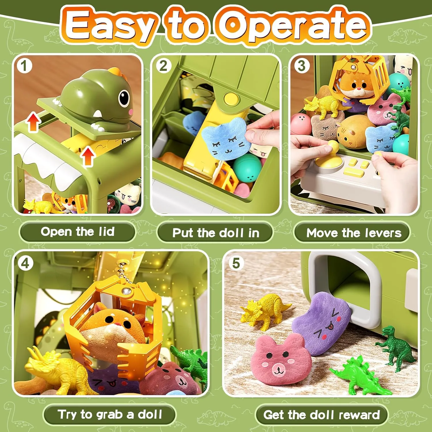 Dinosaur Claw Machine for Kids,Electronic Arcade Game Machine with Music,Mini Vending Machine Boys Birthday Toys Gifts Age 3  Years,Includes 10 Plush Toys & 12 Dinosaur Accessories(Small)