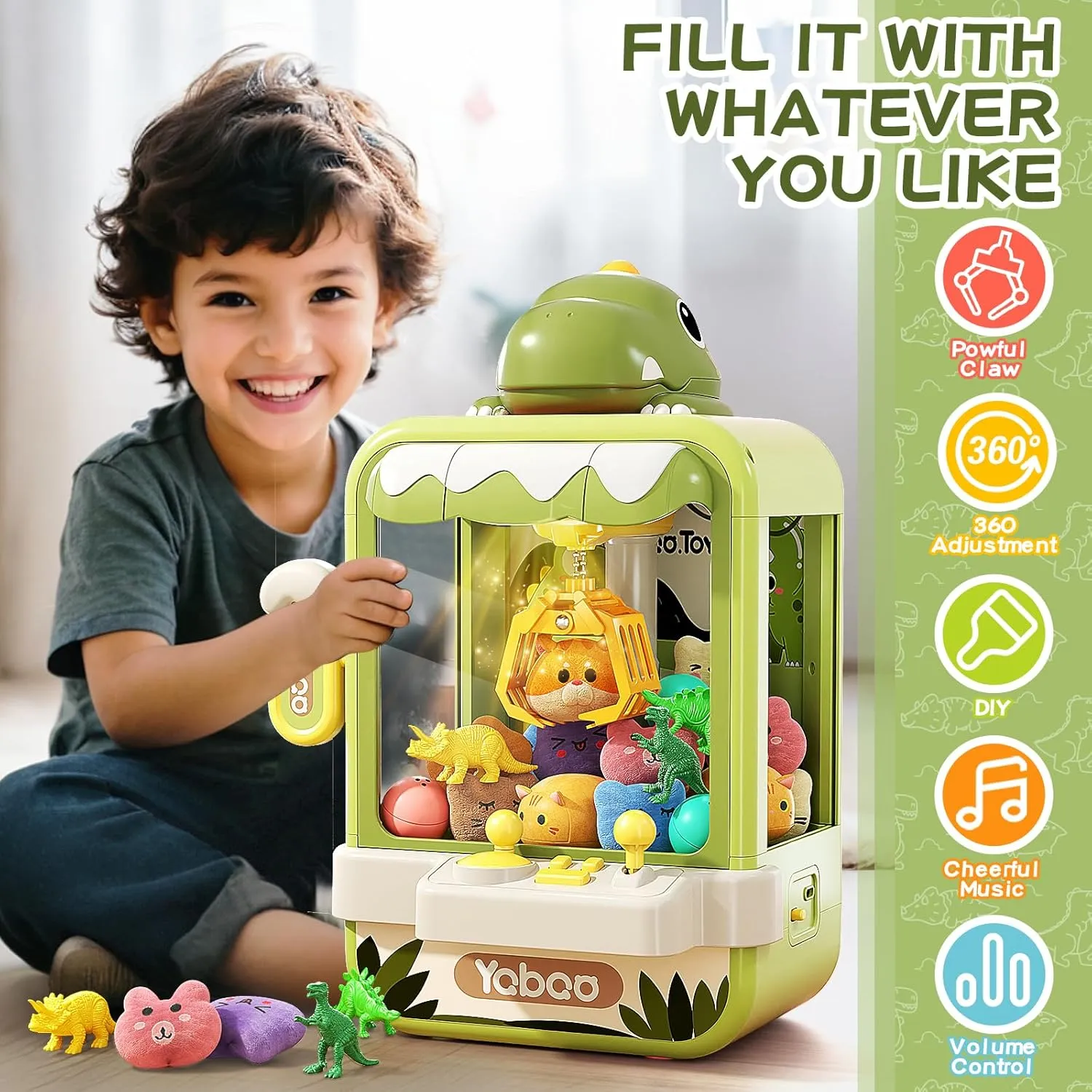 Dinosaur Claw Machine for Kids,Electronic Arcade Game Machine with Music,Mini Vending Machine Boys Birthday Toys Gifts Age 3  Years,Includes 10 Plush Toys & 12 Dinosaur Accessories(Small)