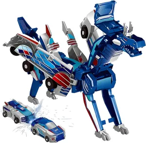 Dinosaur Collision Transforming Car Toy，Transformation Car Toy with Crash & Transform Feature ，for Boys and Girls |Party Gift for Birthday, Christmas (Blue)