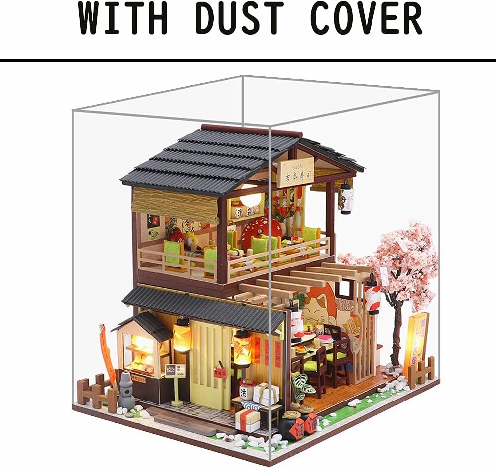DIY Dollhouse Miniature Wooden Furniture Kit, Doll House Kit with Dust Proof Cover and Music Box, Mini Handmade Wooden Dollhouse Toys for Adult Gift (M2011)