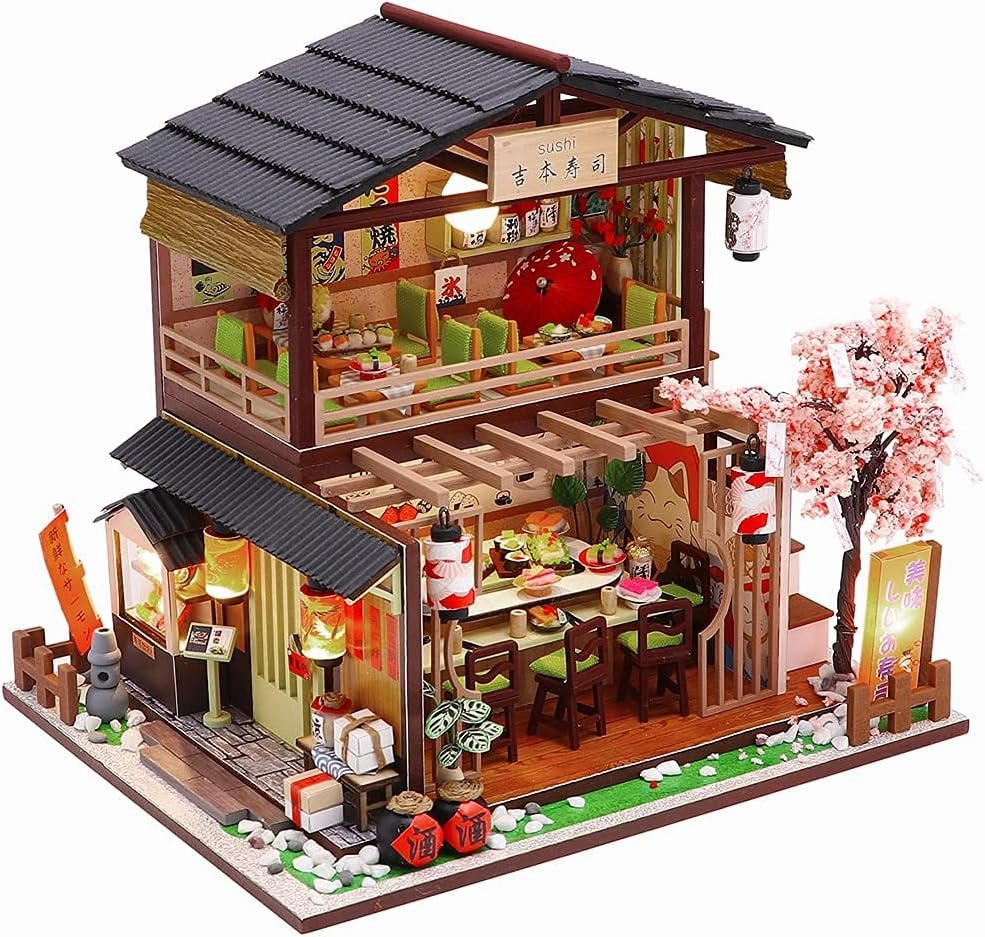 DIY Dollhouse Miniature Wooden Furniture Kit, Doll House Kit with Dust Proof Cover and Music Box, Mini Handmade Wooden Dollhouse Toys for Adult Gift (M2011)