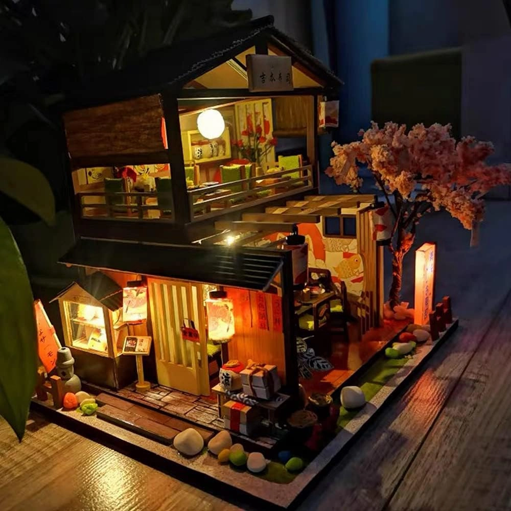 DIY Dollhouse Miniature Wooden Furniture Kit, Doll House Kit with Dust Proof Cover and Music Box, Mini Handmade Wooden Dollhouse Toys for Adult Gift (M2011)