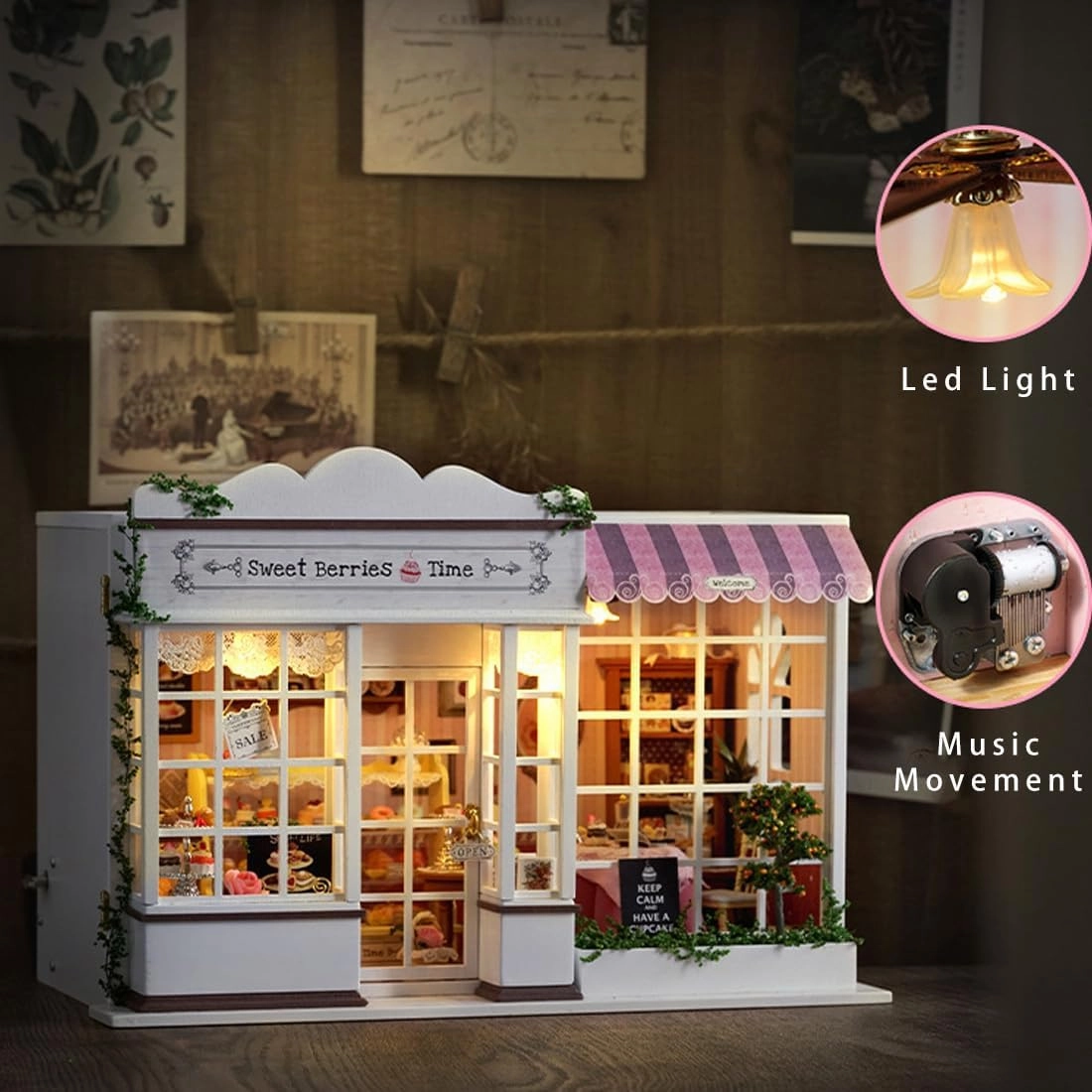 DIY Miniature House Kit, Wooden Garden Mini House with Furniture & LED Light, Creative Dollhouse Kit, Model Building Kit for Adults, Kids (Sweet Berries Time)
