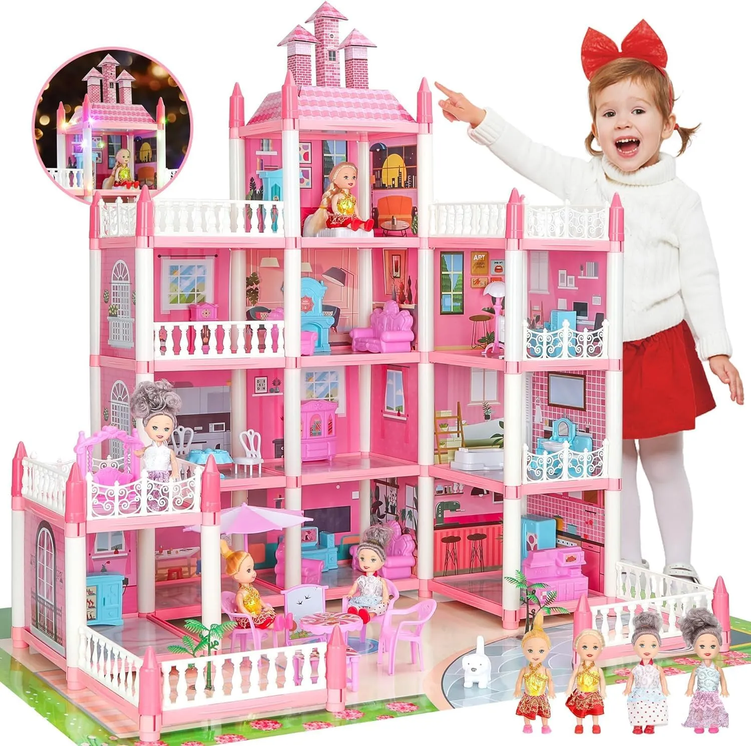 Doll House for Girls Toddlers - Huge Dollhouse with 4 Dolls Figure, Furnitures, Accessories, LED Light, 4 Stories Princess Toy House Toys Gift for Kids 6 7 8 Year Old