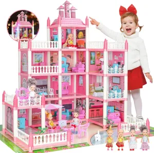 Doll House for Girls Toddlers - Huge Dollhouse with 4 Dolls Figure, Furnitures, Accessories, LED Light, 4 Stories Princess Toy House Toys Gift for Kids 6 7 8 Year Old