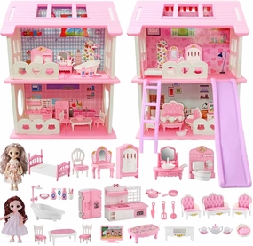 Dollhouse Playset Dream Doll House w/ 4 Room&2 Princess&Dollhouse Furniture Set Accessories,Mini Princess Castle Miniature Small Playhouse Toy Gift,Little Girl Age 3  Kid Toddler 3 4 5 6 7 8 9 Year