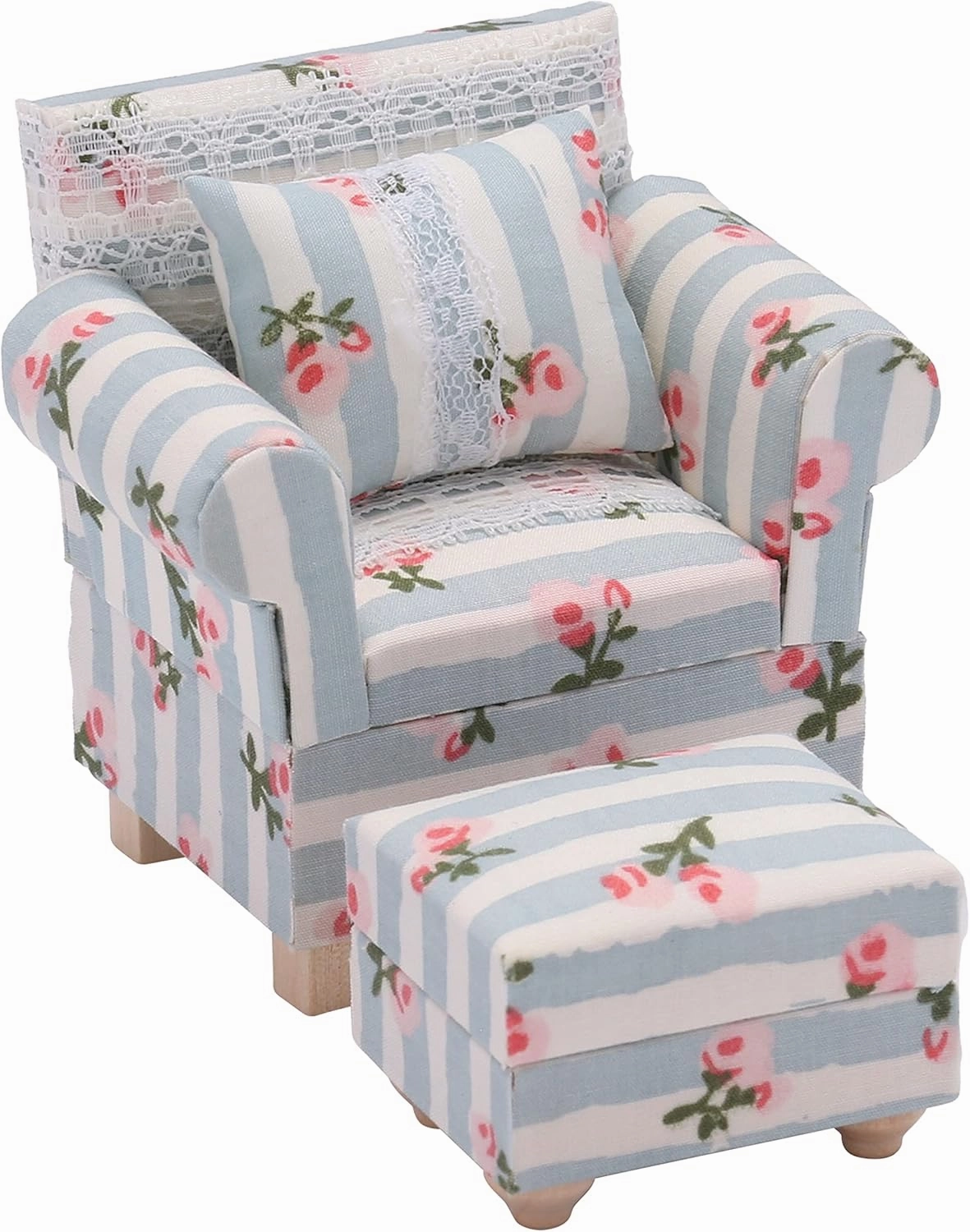 Dollhouse Sofa Chair with Ottoman, Miniature Living Room Furniture Armchair, Accessories for 6 inch Dolls, 1/12 Scale, Blue