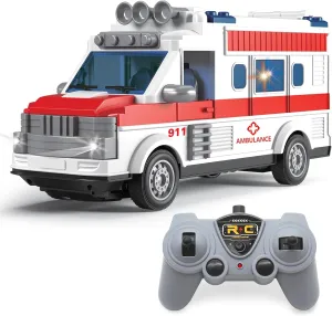 Dollox 1/30 Remote Control Ambulance, 2.4G RC Play Ambulance Car Toy 4 Channel Electric Ambulance Vehicles Emergency Rescue Cars with Lights, Opening Door, Gifts for Kids Boys Girls Age 3 4 5 6 7
