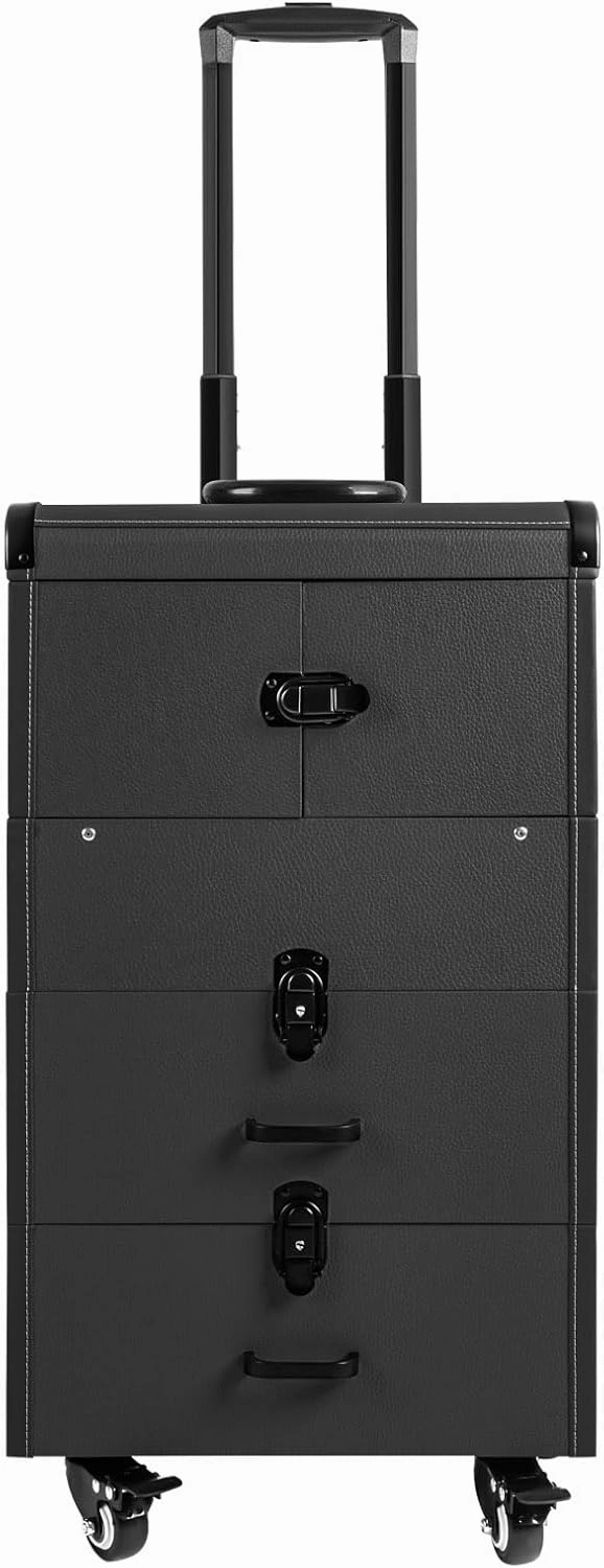 DONSU 4 in 1 Portable Rolling Makeups Train Case,Salon Cosmetic Storage Organizer w/Mirror,Travel Trolley Organizer Box for Makeup Artists, Hairdressers, Beauticians (Black)