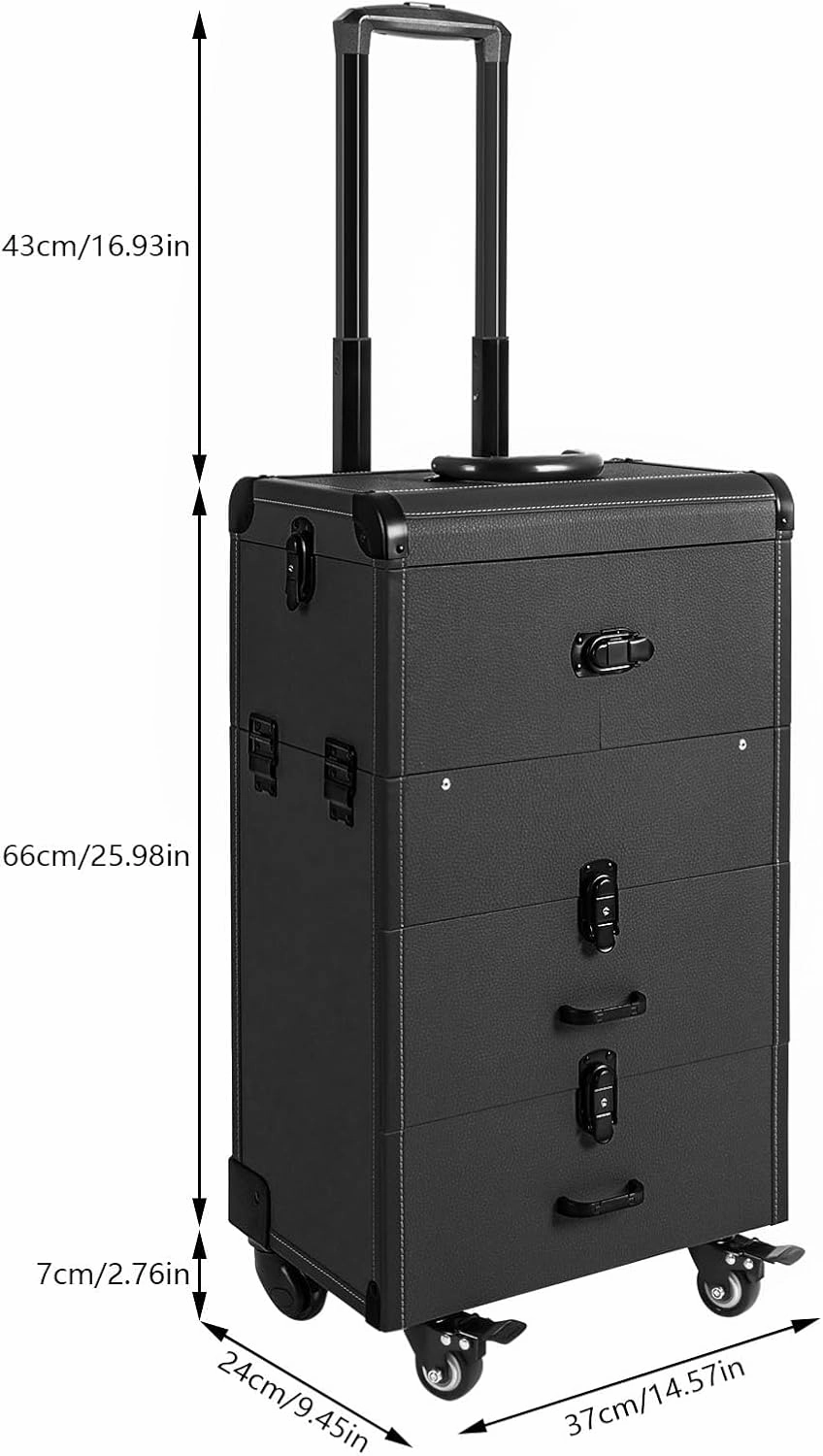 DONSU 4 in 1 Portable Rolling Makeups Train Case,Salon Cosmetic Storage Organizer w/Mirror,Travel Trolley Organizer Box for Makeup Artists, Hairdressers, Beauticians (Black)