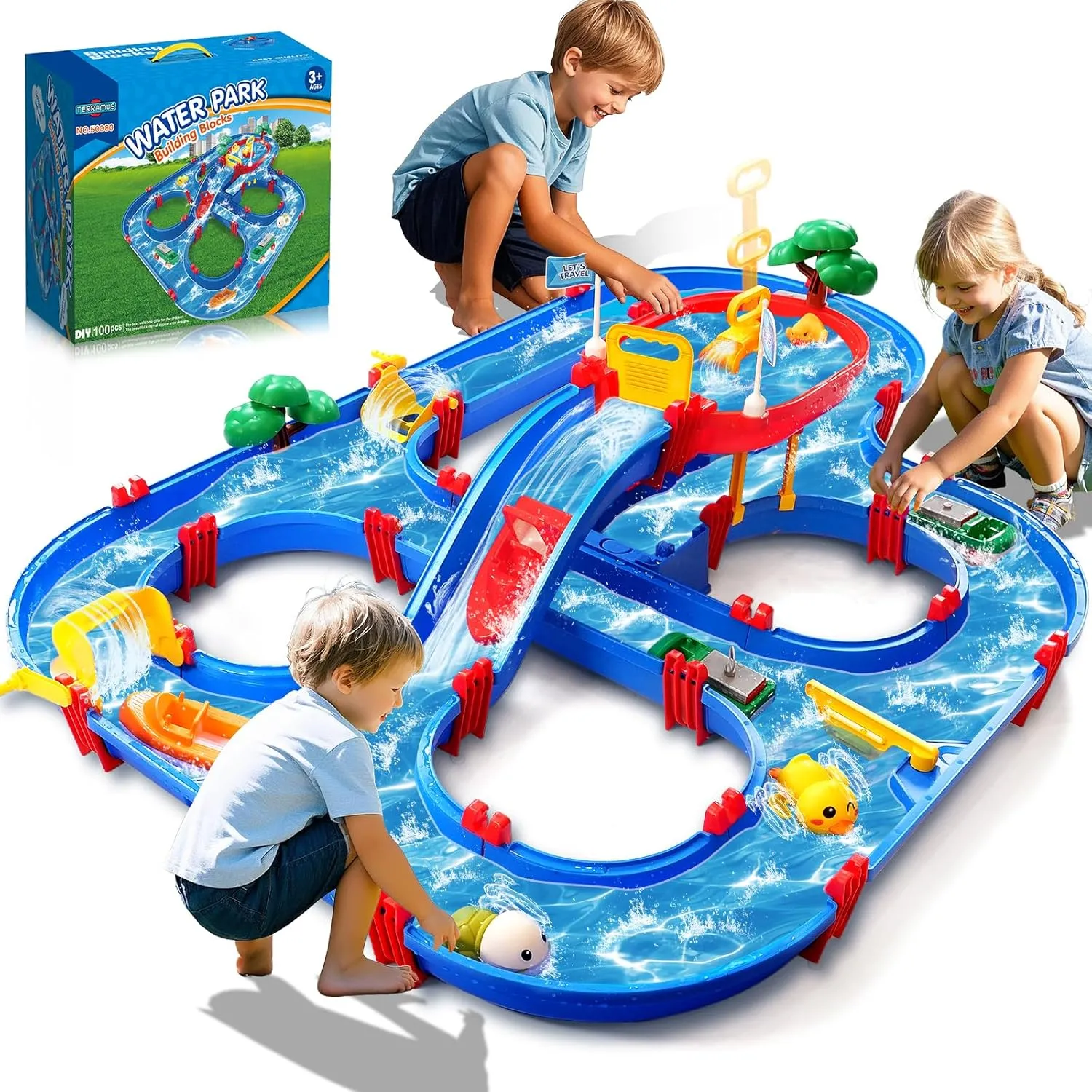 Double-Tier Kids Water Table Toys, 100PCS Water Park Playset with Pump, DIY Toddler Waterways, Summer Outdoor Toys for Backyard,Lawn,Beach,Pool, Outside Activity Funs for Boys Girls 4-8 3-5