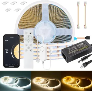 Double White CCT COB LED Strip Lights with RF Remote,APP Control 16.4Ft 2700k-6500k Dimmable Ultra Bright Work with Alexa/Google Assistant Indoor COB Led Lights for Under Cabinet Living Room, Shelf