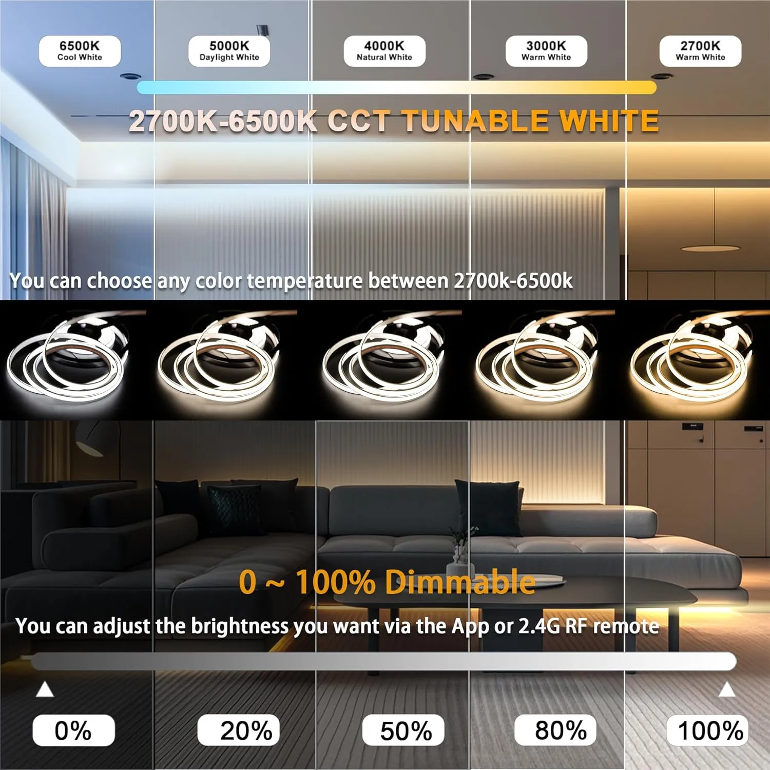 Double White CCT COB LED Strip Lights with RF Remote,APP Control 16.4Ft 2700k-6500k Dimmable Ultra Bright Work with Alexa/Google Assistant Indoor COB Led Lights for Under Cabinet Living Room, Shelf