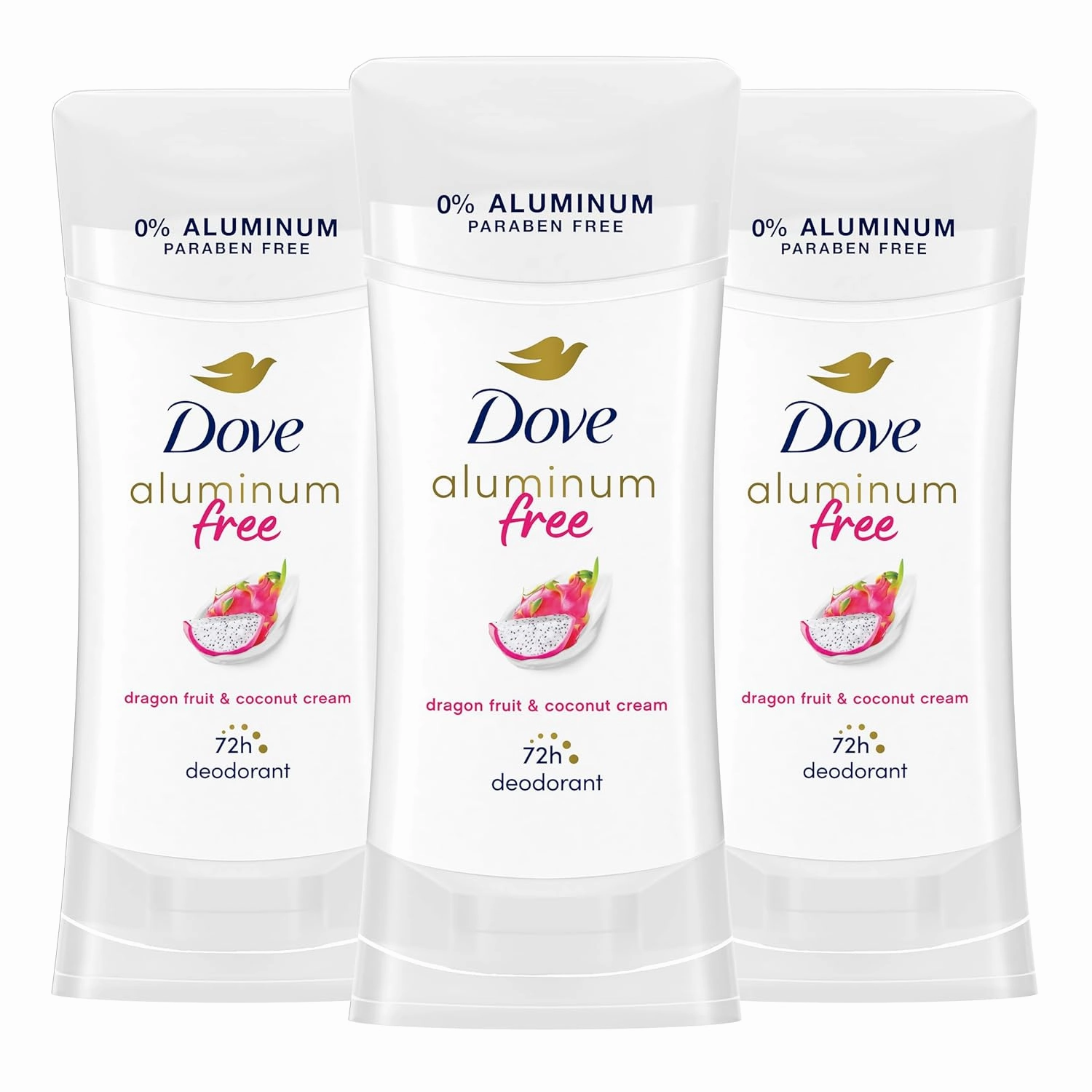 Dove Aluminum Free Deodorant for Women 3 Pack Dragon Fruit & Coconut Cream 72 hour odor protection 2.6oz