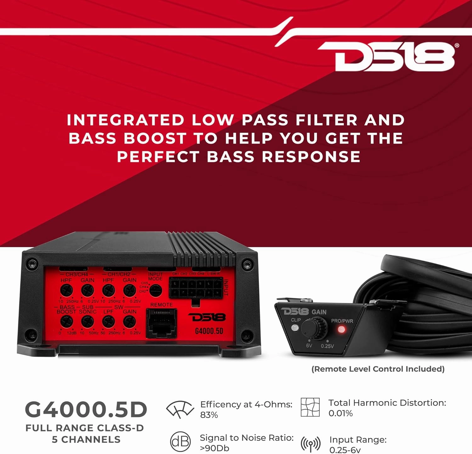 DS18 G4000.5D GEN-X Full-Range Class D 5-Channel Amplifier 4000 Watts Max Power 2/4 Ohm Stable, Bridgeable, High/Low Pass Filter - BASS Knob Included - Compact Amp for Speakers in Car Audio System