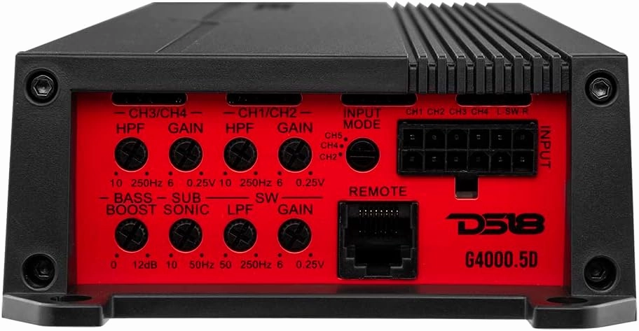 DS18 G4000.5D GEN-X Full-Range Class D 5-Channel Amplifier 4000 Watts Max Power 2/4 Ohm Stable, Bridgeable, High/Low Pass Filter - BASS Knob Included - Compact Amp for Speakers in Car Audio System
