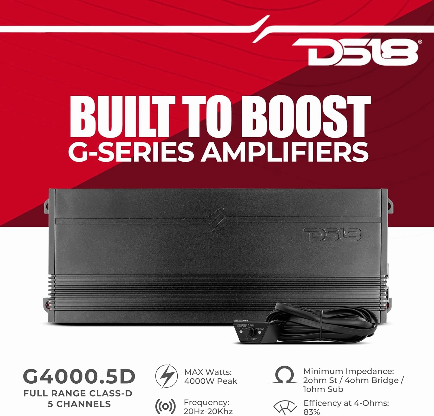 DS18 G4000.5D GEN-X Full-Range Class D 5-Channel Amplifier 4000 Watts Max Power 2/4 Ohm Stable, Bridgeable, High/Low Pass Filter - BASS Knob Included - Compact Amp for Speakers in Car Audio System