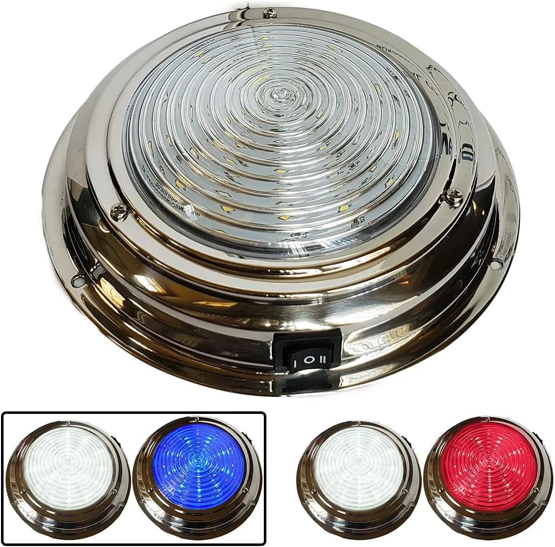 Dual Color 7" LED Boat Dome Light 12V RV | Stainless Housing | Ceiling Cabin Room Surface Mount | Built In Rocker Toggle Switch (White | Cool Blue)