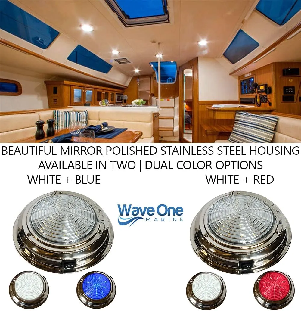 Dual Color 7" LED Boat Dome Light 12V RV | Stainless Housing | Ceiling Cabin Room Surface Mount | Built In Rocker Toggle Switch (White | Cool Blue)