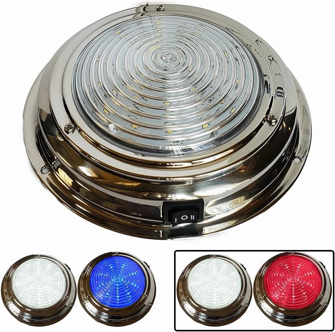 Dual Color 7" LED Boat Dome Light 12V RV | Stainless Housing | Ceiling Cabin Room Surface Mount | Built In Rocker Toggle Switch (White | Night Red)