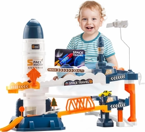 Eaciilee Kids Space Toys Car Race Track Playset for 3 4 5 6 7 8 Years Old Boys - 2 in 1 Space Adventure Vehicle Track Toys with 4 Cars, Elevator, Parking, Birthday for Toddler