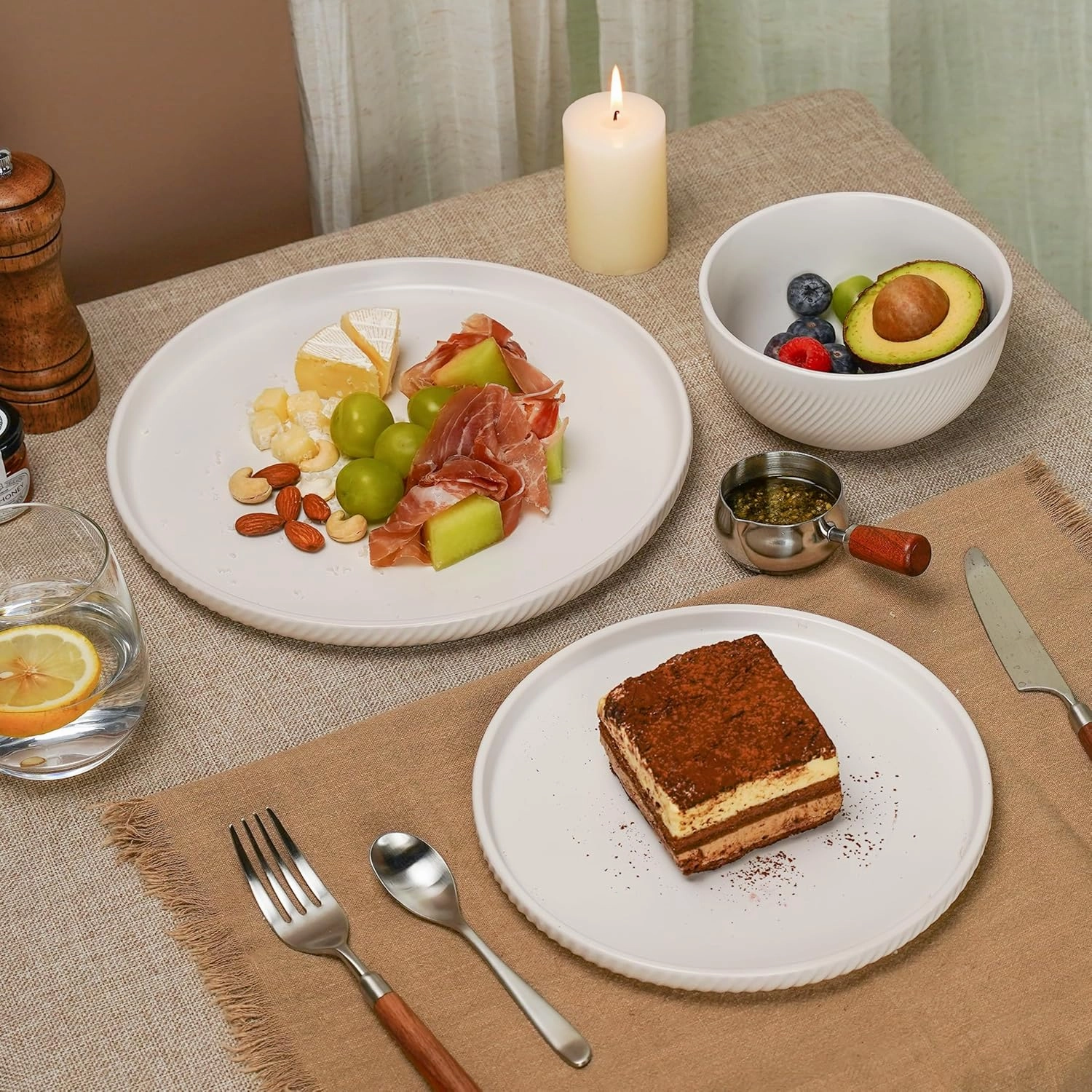 Earthsong Dinnerware Sets for 4, 12-Piece Ceramic Plates and Bowls Set, Dishwasher and Microwave Safe Stoneware Dishes Set, Ribbed, Snowcrest White