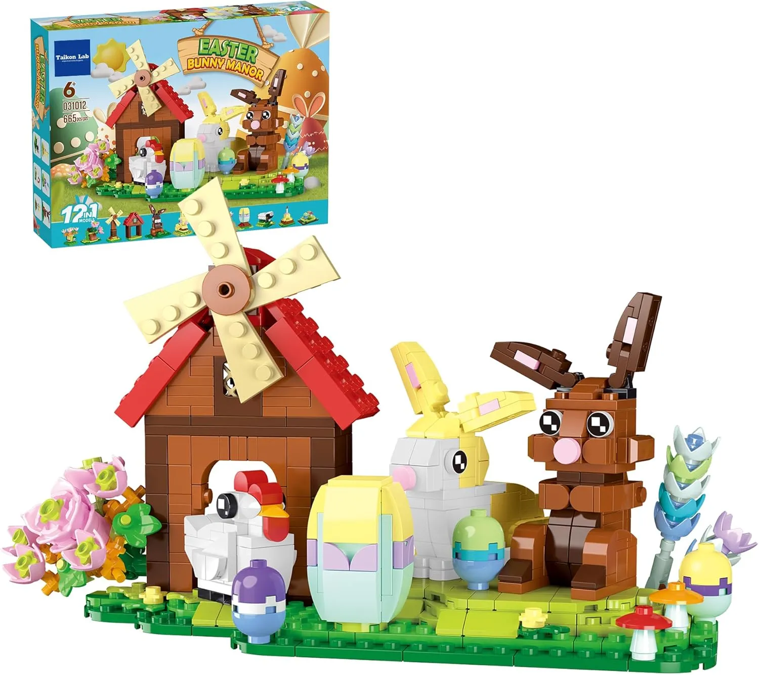 Easter Bunny Manor Building Block Toy Set, Cute Farm Animal Rabbit and Egg Figures, 12 in 1 mini Models for Children to Freely Create MOCs (665 Pcs)