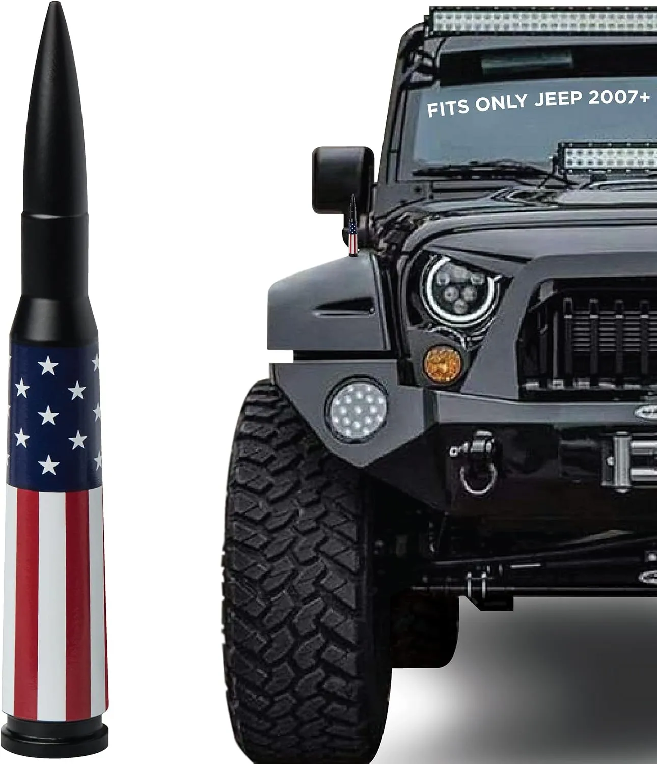 EcoAuto Badass Bullet Antenna® for Jeep Wrangler JK/JL (2007 ) & Gladiator – Anti-Theft, Durable Truck Antenna – Jeep Accessory (American Flag)