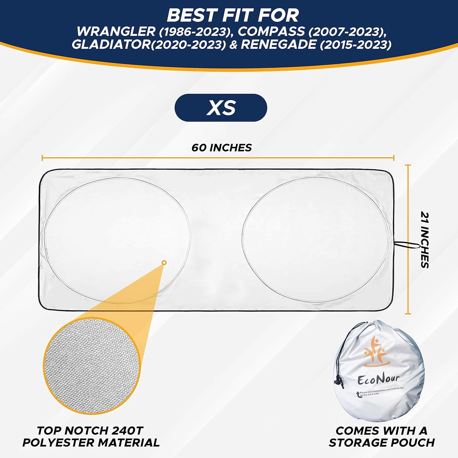EcoNour Jeep Windshield Sunshade | Sun Visor for UV Rays & Heat Protection | Suitable for Wrangler, Compass, Gladiator & Renegade | Accessories for Jeep Wrangler | X-Small - 60x21 inches