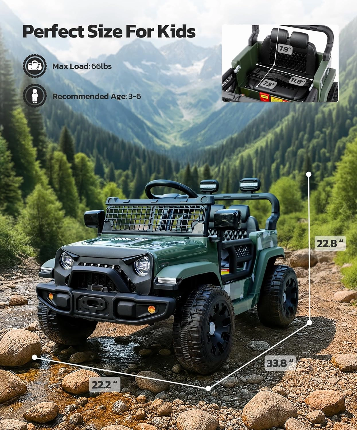 ELEMARA Ride On Car, Bluetooth Ride on Toys for Toddlers, 12V Kids Battery Powered Vehicles w/Remote, 3.5 mph Ride on Jeep, Motorized Off-Road Truck, Electric Car for Kids w/3 Speeds,LED Lights- Green