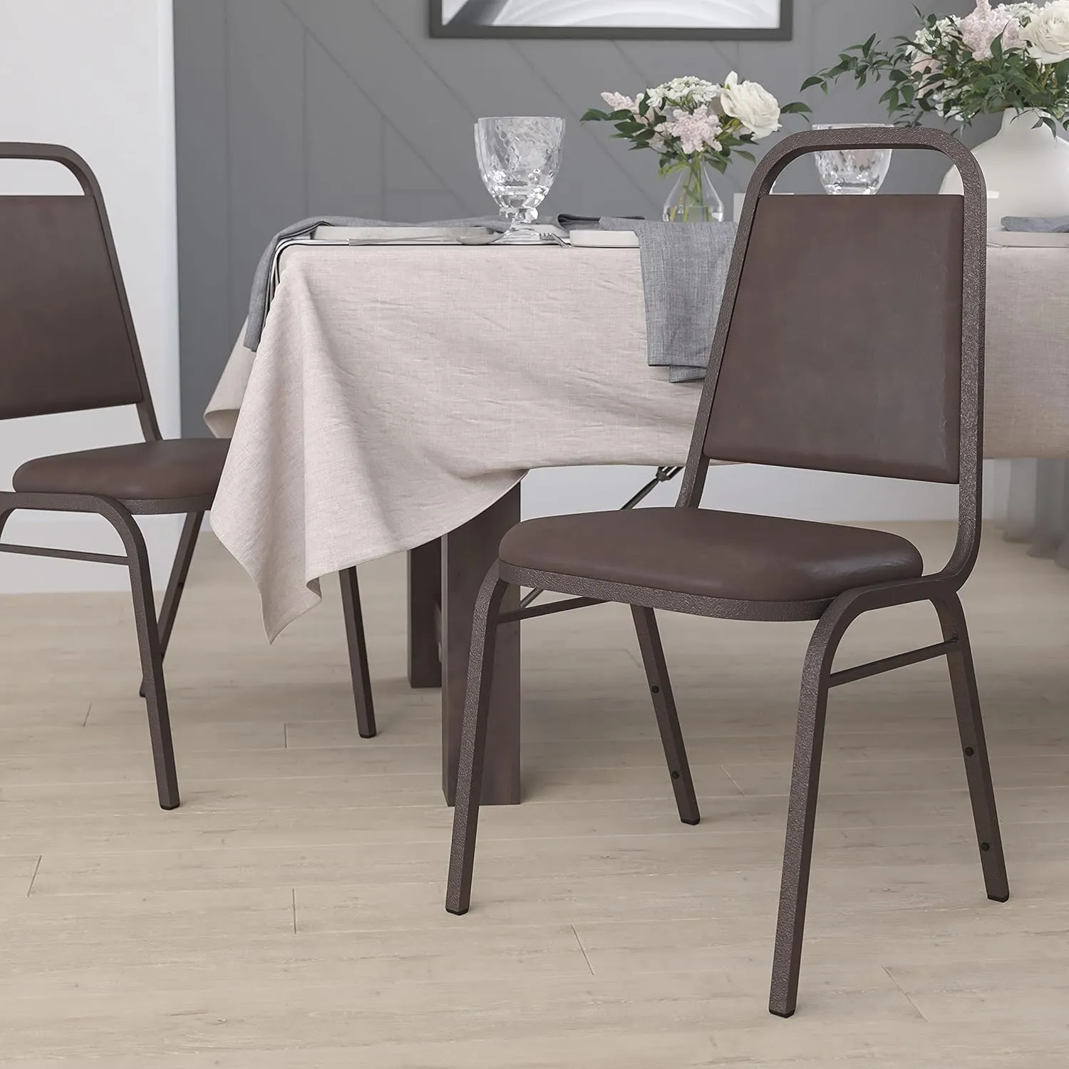 EMMA   OLIVER Trapezoidal Back Banquet Chair, Brown Vinyl/Copper Vein Frame
