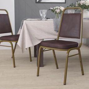 EMMA   OLIVER Trapezoidal Back Stacking Banquet Chair, Brown Vinyl/Gold Frame