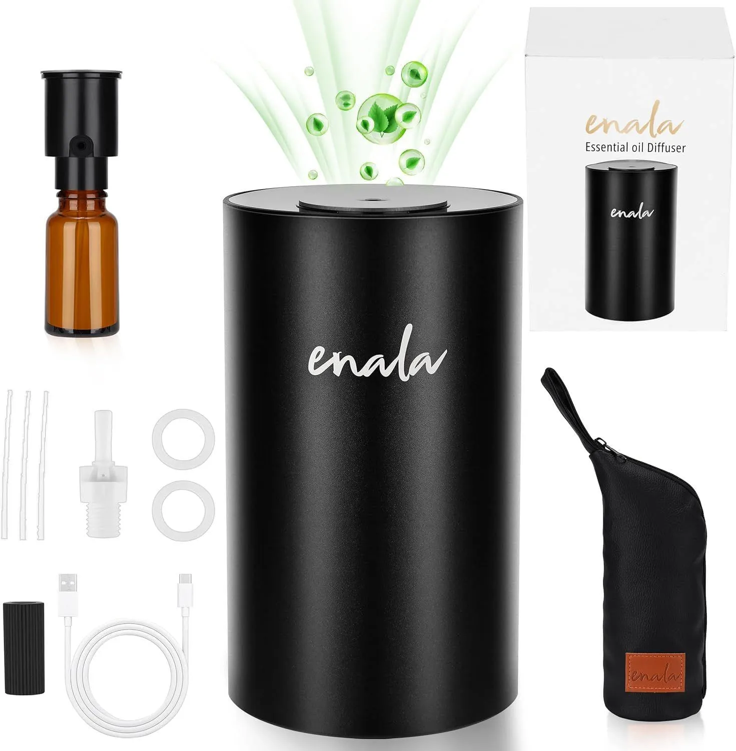 ENALA Cordless Waterless Diffuser for Essential Oils, Leak Proof, 3 Mist Levels, Timer, Protective Bag, Rechargeable for Home & Car
