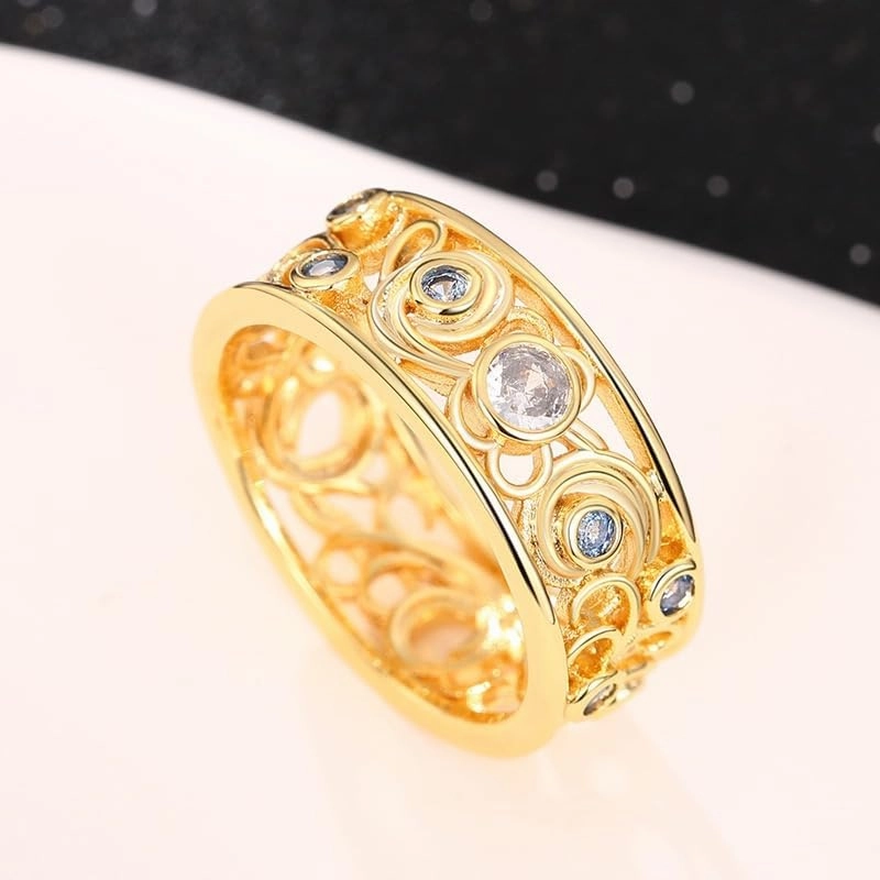 ENDLESSNESS & ETERNITY Court Style Blue and White Cubic Zirconia Wedding Band Ring Stackable Statement Promise Proposal Band Ring for Women
