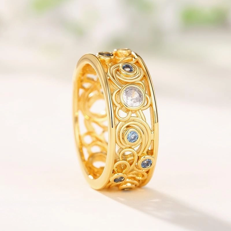 ENDLESSNESS & ETERNITY Court Style Blue and White Cubic Zirconia Wedding Band Ring Stackable Statement Promise Proposal Band Ring for Women